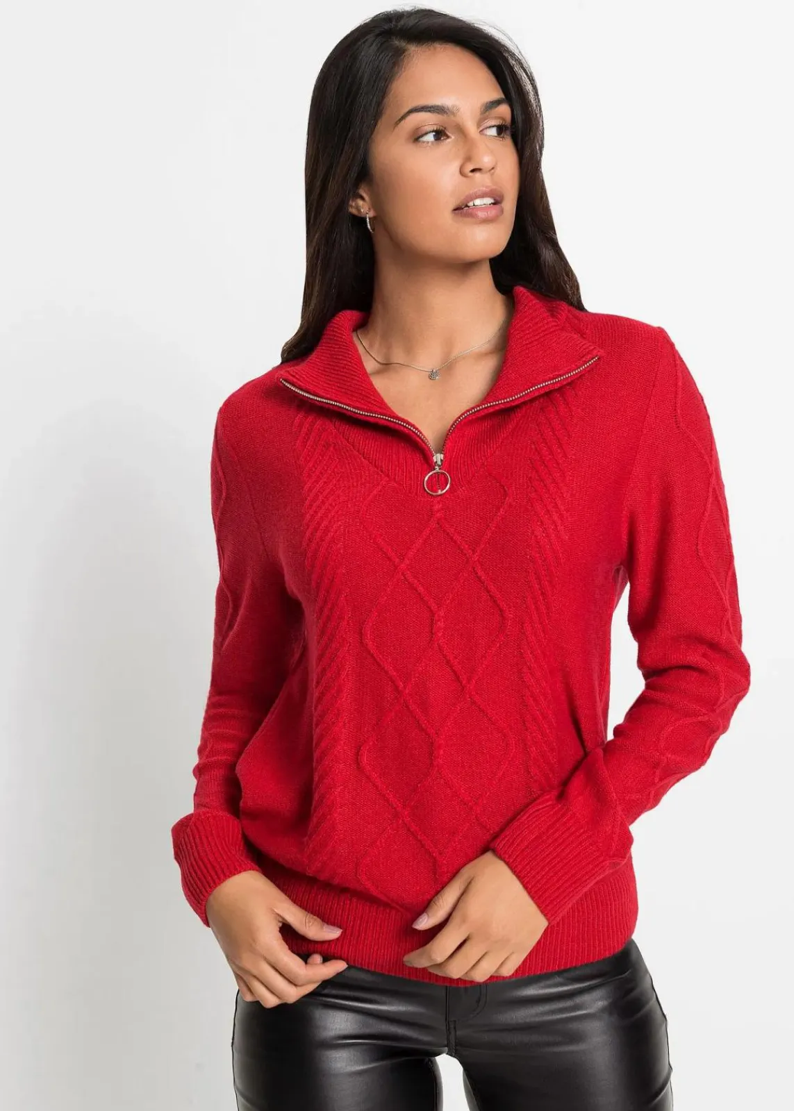 bonprix Bekleidung·Jeans|Pullover & Strickjacken^Troyer Pullover mit Zopfmuster tiefrot