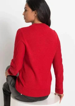 bonprix Bekleidung·Jeans|Pullover & Strickjacken^Troyer Pullover mit Zopfmuster tiefrot