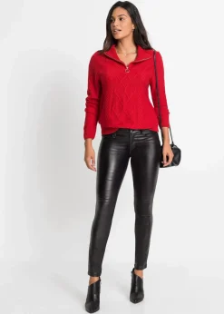 bonprix Bekleidung·Jeans|Pullover & Strickjacken^Troyer Pullover mit Zopfmuster tiefrot
