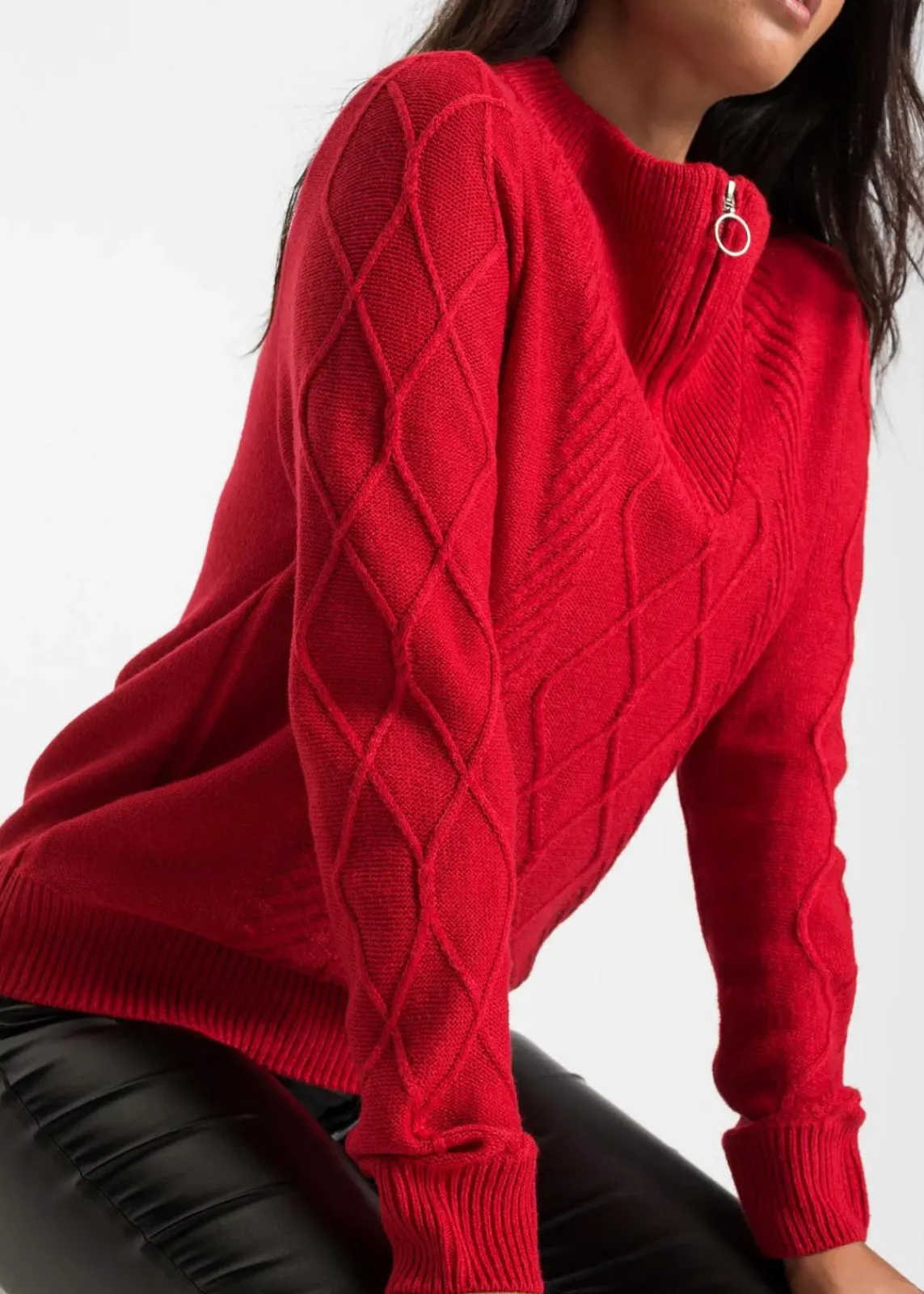 bonprix Bekleidung·Jeans|Pullover & Strickjacken^Troyer Pullover mit Zopfmuster tiefrot
