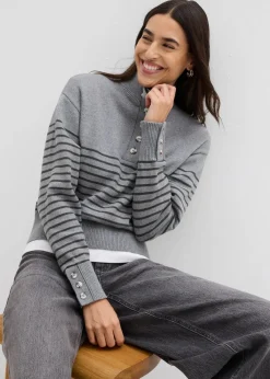 bonprix Bekleidung·Jeans|Pullover & Strickjacken^Troyer-Pullover grau meliert/anthrazit gestreift