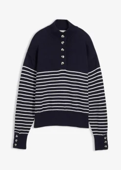 bonprix Pullover & Strickjacken|Bekleidung·Jeans^Troyer-Pullover dunkelblau/wollweiß gestreift