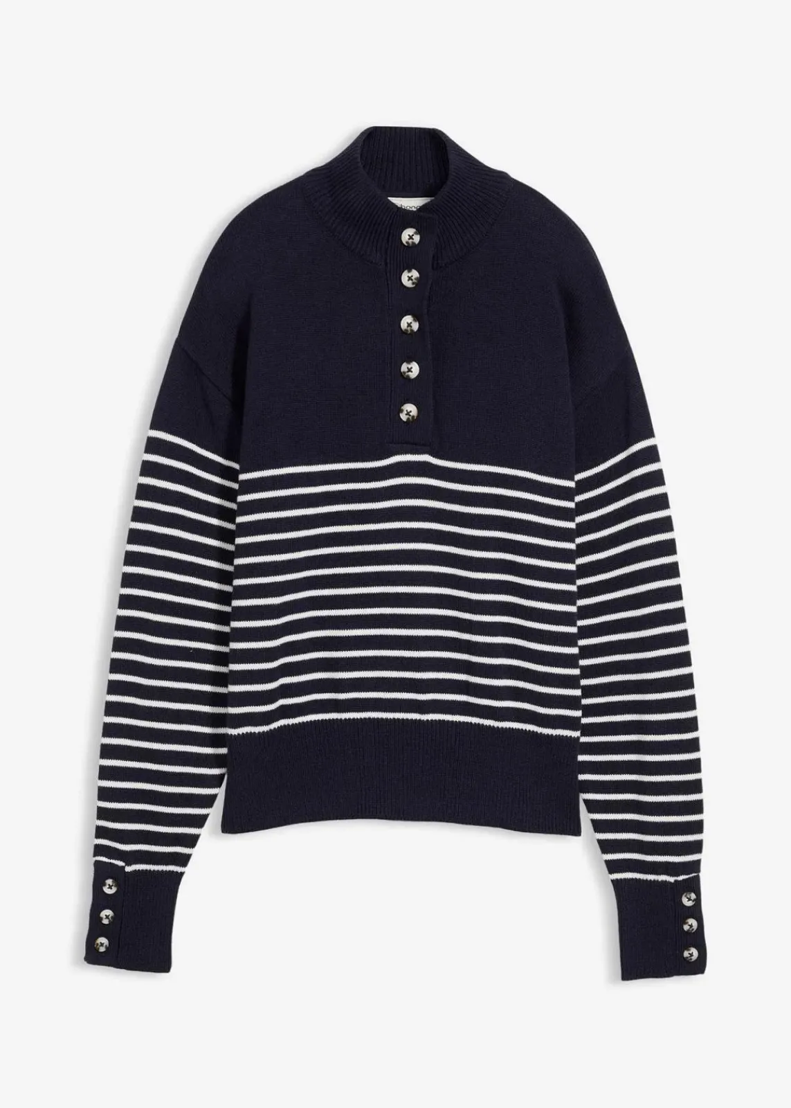 bonprix Pullover & Strickjacken|Bekleidung·Jeans^Troyer-Pullover dunkelblau/wollweiß gestreift