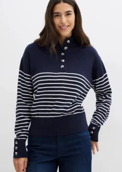 bonprix Pullover & Strickjacken|Bekleidung·Jeans^Troyer-Pullover dunkelblau/wollweiß gestreift