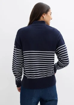bonprix Pullover & Strickjacken|Bekleidung·Jeans^Troyer-Pullover dunkelblau/wollweiß gestreift