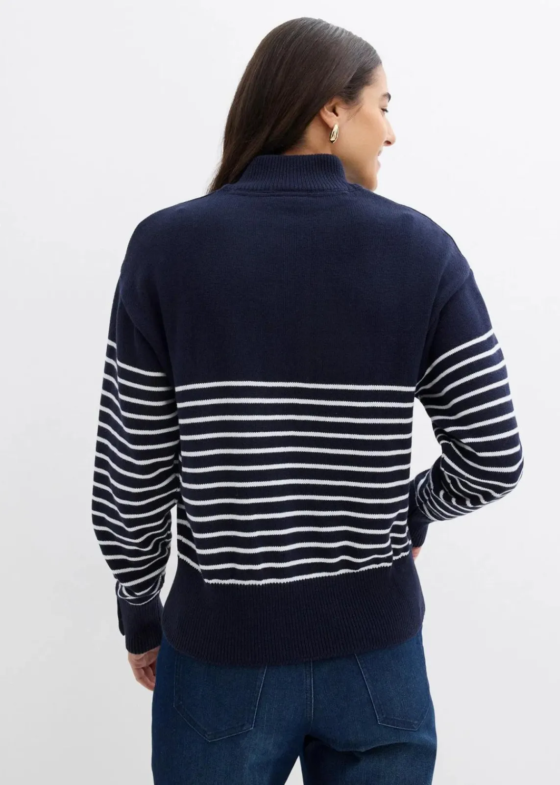 bonprix Pullover & Strickjacken|Bekleidung·Jeans^Troyer-Pullover dunkelblau/wollweiß gestreift