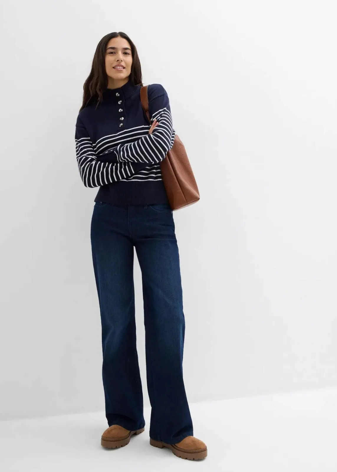bonprix Pullover & Strickjacken|Bekleidung·Jeans^Troyer-Pullover dunkelblau/wollweiß gestreift