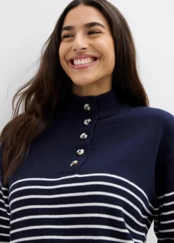 bonprix Pullover & Strickjacken|Bekleidung·Jeans^Troyer-Pullover dunkelblau/wollweiß gestreift