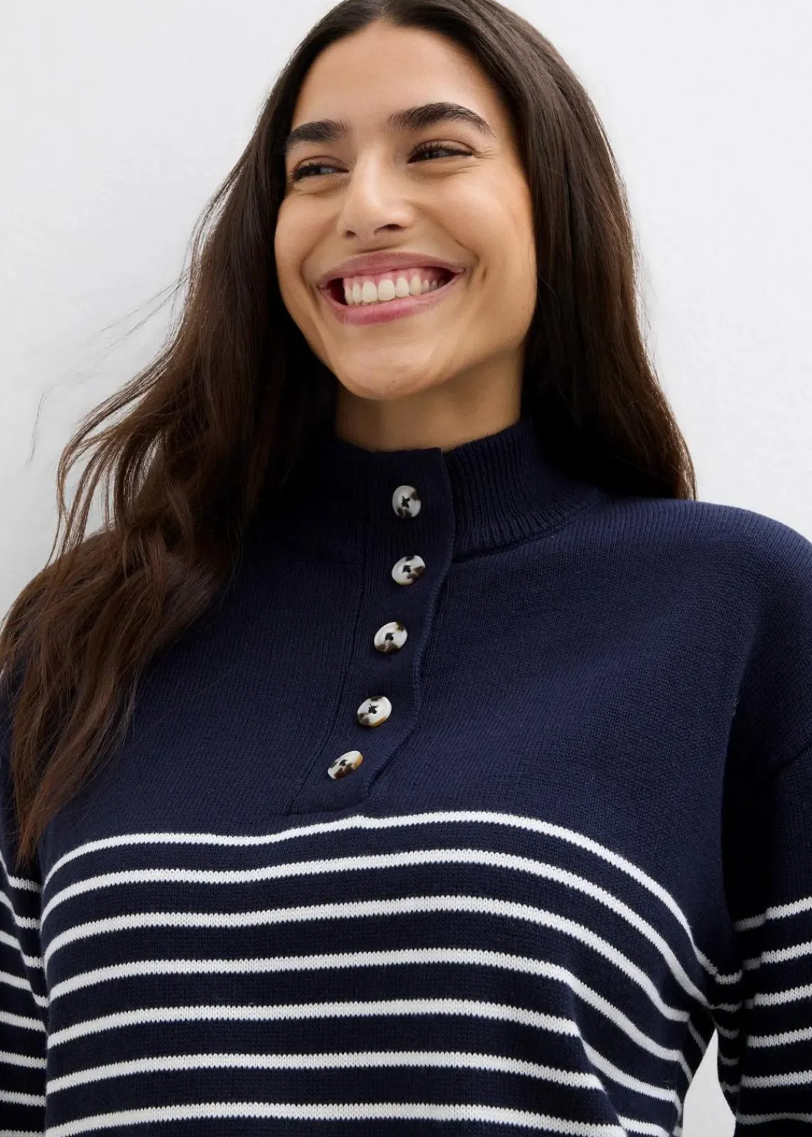 bonprix Pullover & Strickjacken|Bekleidung·Jeans^Troyer-Pullover dunkelblau/wollweiß gestreift