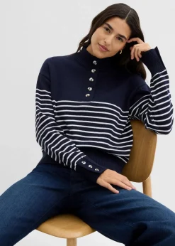 bonprix Pullover & Strickjacken|Bekleidung·Jeans^Troyer-Pullover dunkelblau/wollweiß gestreift