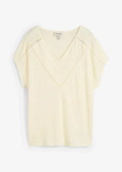 bonprix Nachhaltigere Materialien|Shirts & Tops^T-Shirt aus reinem Leinen mit Spitze wollweiß