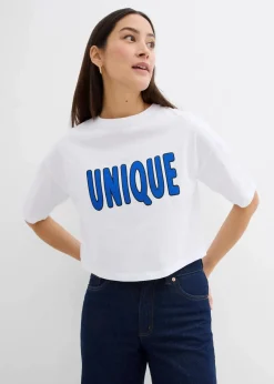 bonprix Shirts & Tops^T-Shirt aus reiner Baumwolle weiß/edelsteinblau bedruckt