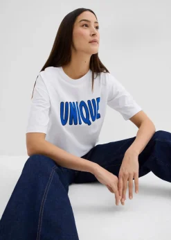 bonprix Shirts & Tops^T-Shirt aus reiner Baumwolle weiß/edelsteinblau bedruckt