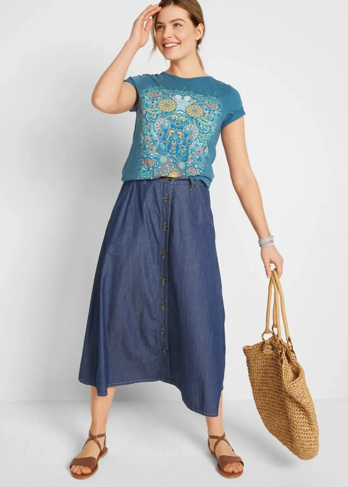 bonprix Nachhaltigere Materialien|Shirts & Tops^T-Shirt aus reiner Baumwolle jeansblau bedruckt