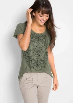 bonprix Nachhaltigere Materialien|Shirts & Tops^T-Shirt aus reiner Bio-Baumwolle oliv graphisch bedruckt
