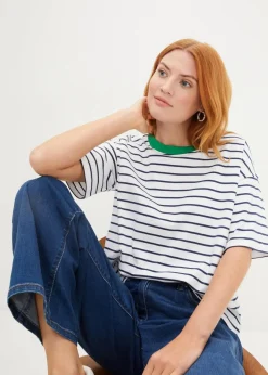 bonprix Shirts & Tops|Nachhaltigere Materialien^T-Shirt aus reiner Bio-Baumwolle weiß/tiefblau/grasgrün gestreift