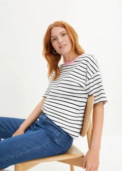 bonprix Nachhaltigere Materialien|Shirts & Tops^T-Shirt aus reiner Bio-Baumwolle weiß/schwarz/rosa gestreift
