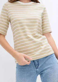 bonprix Nachhaltigere Materialien|Shirts & Tops^T-Shirt aus schwerer Bio-Baumwolle rauchkhaki/wollweiß gestreift
