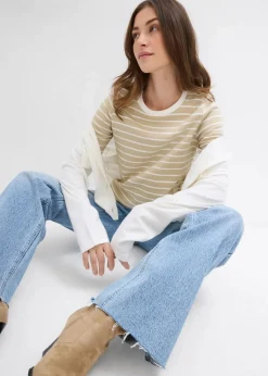 bonprix Nachhaltigere Materialien|Shirts & Tops^T-Shirt aus schwerer Bio-Baumwolle rauchkhaki/wollweiß gestreift