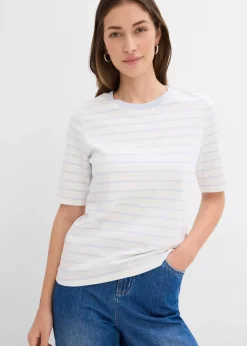 bonprix Nachhaltigere Materialien|Shirts & Tops^T-Shirt aus schwerer Bio-Baumwolle wollweiß/zartblau gestreift