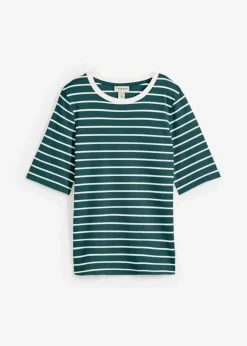 bonprix Nachhaltigere Materialien|Shirts & Tops^T-Shirt aus schwerer Bio-Baumwolle tiefgrün/wollweiß gestreift