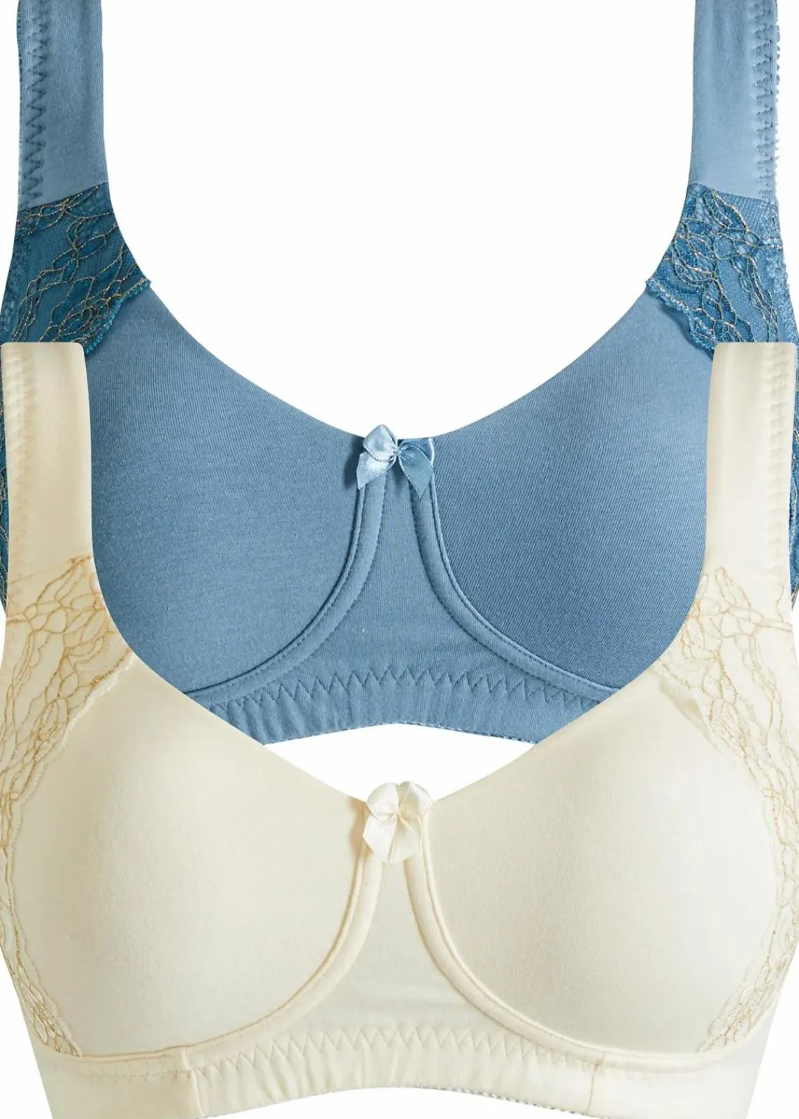 bonprix Große Cups D-H|Nachhaltigere Materialien^T-Shirt BH ohne Bügel mit Bio-Baumwolle (2er Pack) cremeweiß + blau