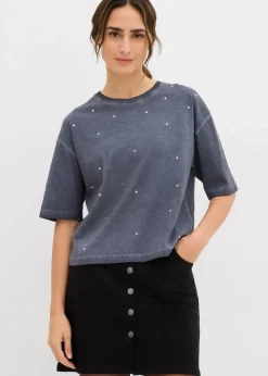bonprix Shirts & Tops^T-Shirt mit Glitzersteinen aus reiner Baumwolle nachtblau washed