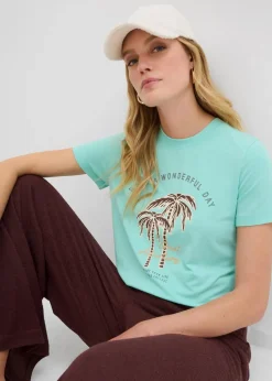 bonprix Nachhaltigere Materialien|Shirts & Tops^T-Shirt mit Motivprint mentholblau/dunkelbraun graphisch bedruckt