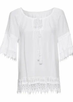bonprix Blusen & Tuniken|Nachhaltigere Materialien^Tunika mit Spitze aus softer Viskose weiß