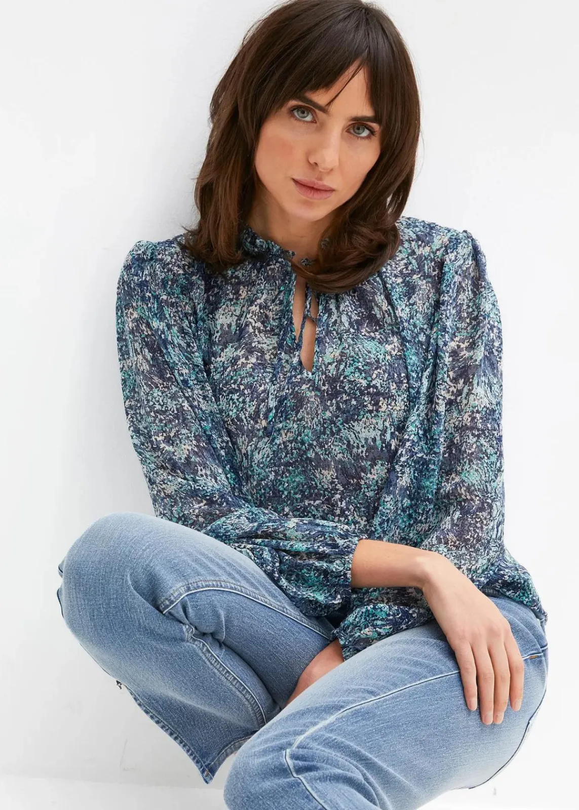 bonprix Bekleidung·Jacken & Mäntel|Blusen & Tuniken^Tunikabluse blau bedruckt