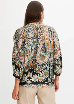 bonprix Bekleidung·Jacken & Mäntel|Blusen & Tuniken^Tunikabluse aus fließendem Satin schwarz bedruckt