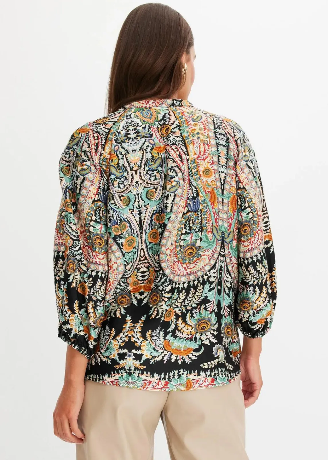 bonprix Bekleidung·Jacken & Mäntel|Blusen & Tuniken^Tunikabluse aus fließendem Satin schwarz bedruckt
