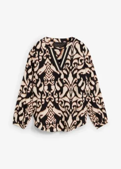 bonprix Bekleidung·Jacken & Mäntel|Nachhaltigere Materialien^Tunikabluse aus fließender Viskose schwarz/dunkelbraun/mokkabraun/kieselbeige bedruckt