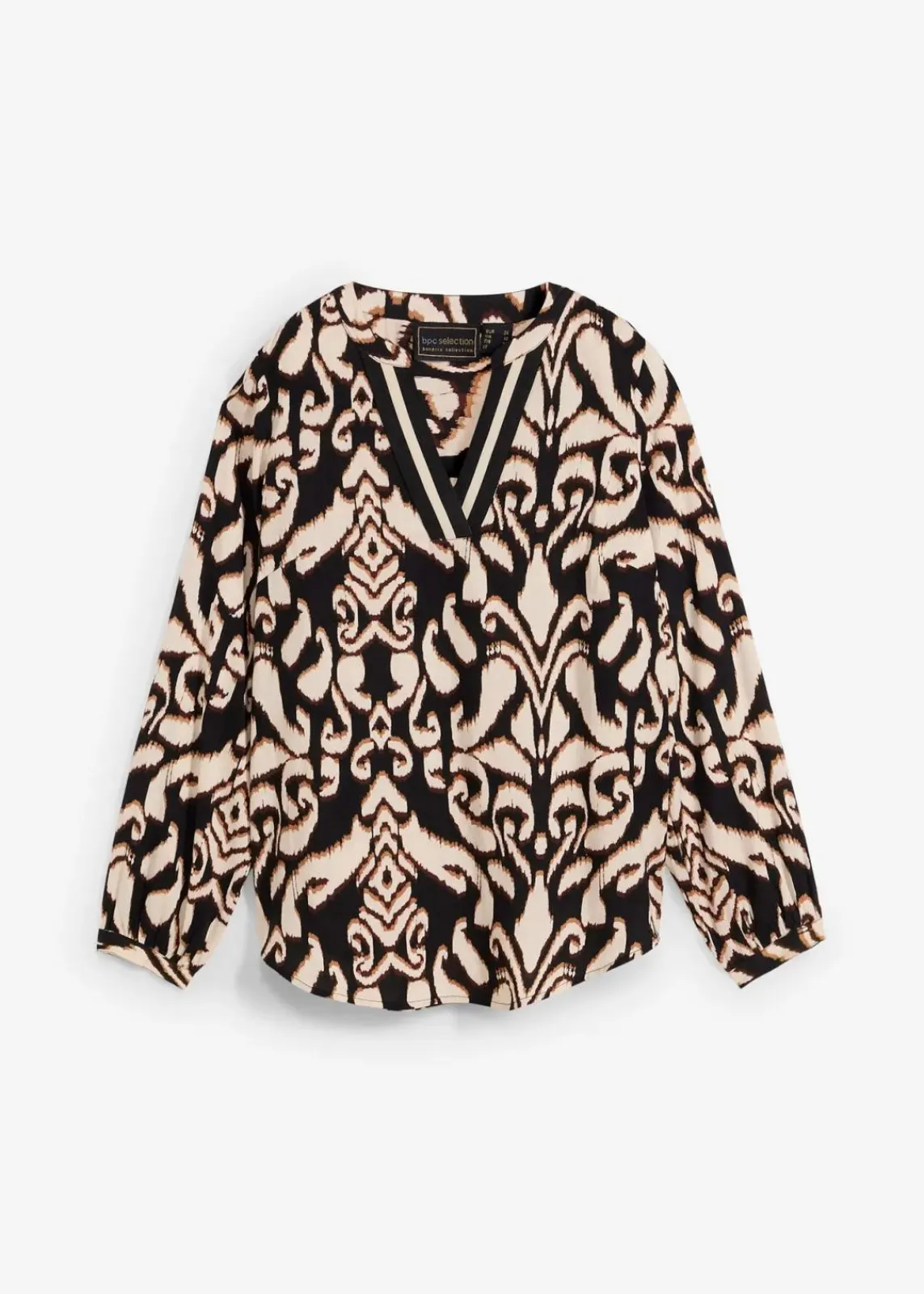 bonprix Bekleidung·Jacken & Mäntel|Nachhaltigere Materialien^Tunikabluse aus fließender Viskose schwarz/dunkelbraun/mokkabraun/kieselbeige bedruckt