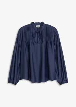 bonprix Bekleidung·Jacken & Mäntel|Blusen & Tuniken^Tunikabluse aus glänzendem Satin mit Biesen dunkelblau