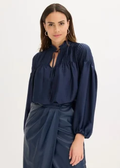 bonprix Bekleidung·Jacken & Mäntel|Blusen & Tuniken^Tunikabluse aus glänzendem Satin mit Biesen dunkelblau