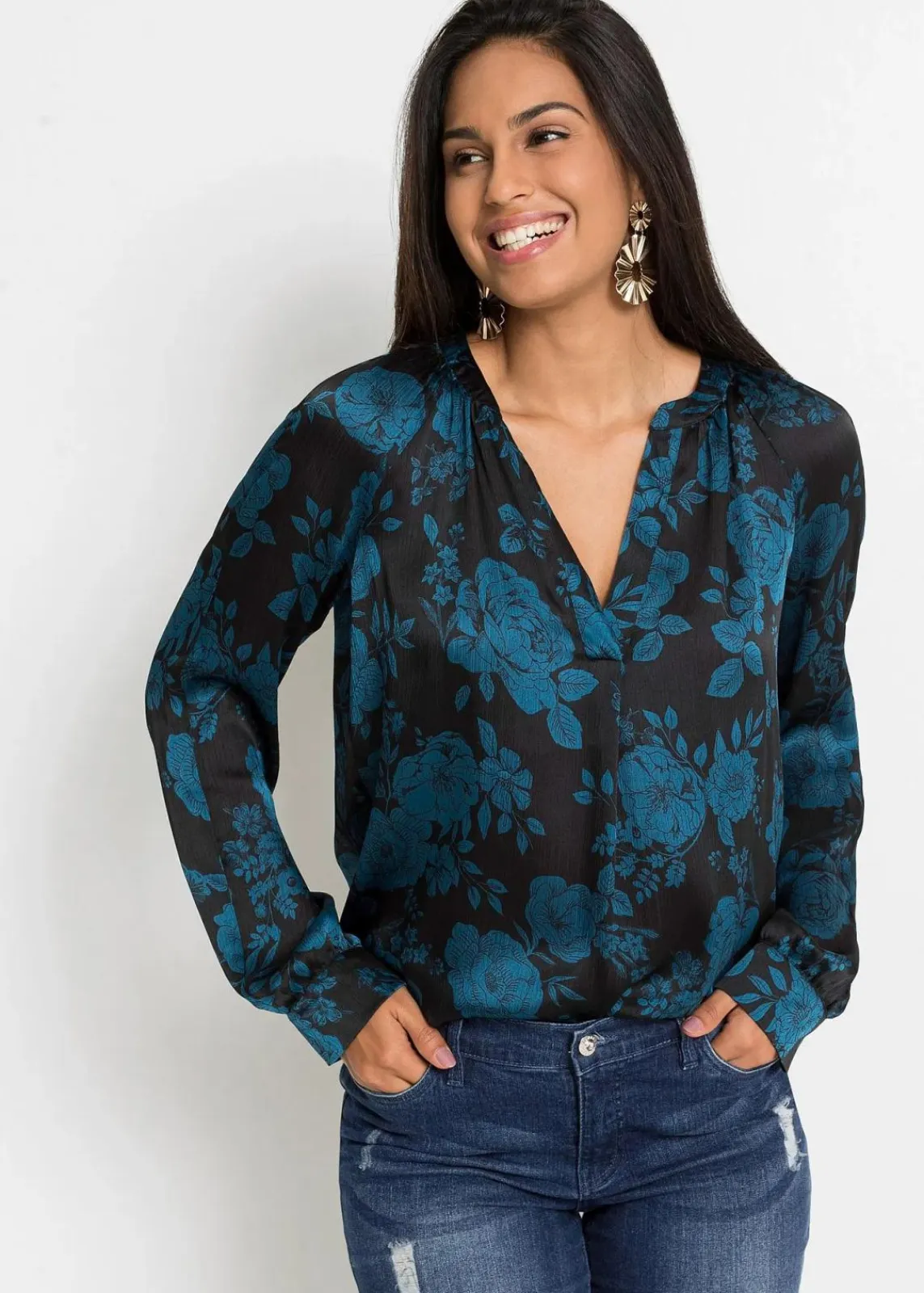 bonprix Bekleidung·Jacken & Mäntel|Blusen & Tuniken^Tunikabluse aus leichtem Crêpe schwarz/blaupetrol floral