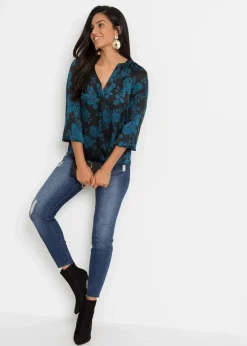 bonprix Bekleidung·Jacken & Mäntel|Blusen & Tuniken^Tunikabluse aus leichtem Crêpe schwarz/blaupetrol floral