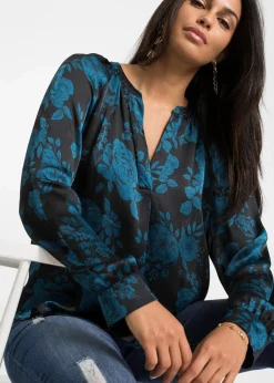 bonprix Bekleidung·Jacken & Mäntel|Blusen & Tuniken^Tunikabluse aus leichtem Crêpe schwarz/blaupetrol floral