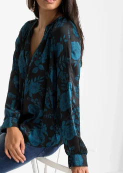 bonprix Bekleidung·Jacken & Mäntel|Blusen & Tuniken^Tunikabluse aus leichtem Crêpe schwarz/blaupetrol floral