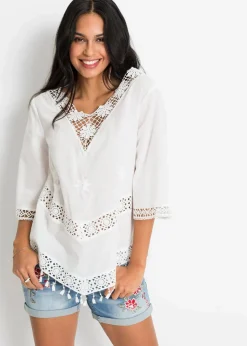 bonprix Bekleidung·Jacken & Mäntel|Blusen & Tuniken^Tunikabluse aus reiner Baumwolle wollweiß