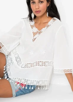 bonprix Bekleidung·Jacken & Mäntel|Blusen & Tuniken^Tunikabluse aus reiner Baumwolle wollweiß