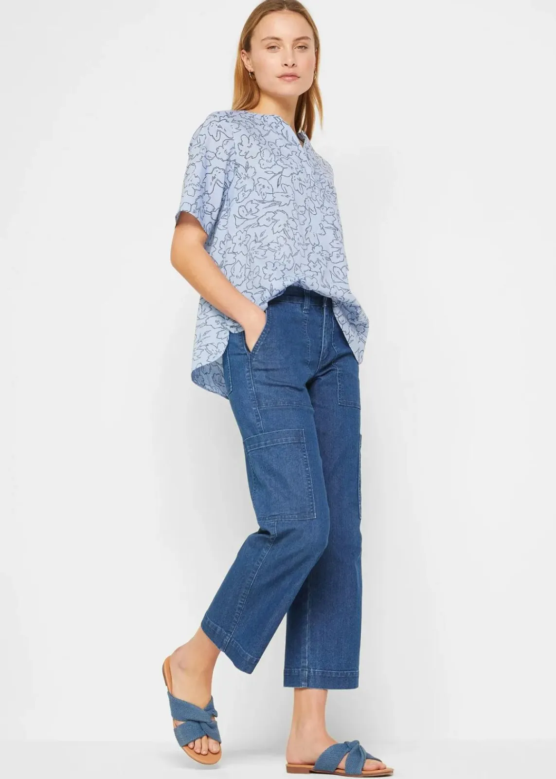 bonprix Blusen & Tuniken^Tunikabluse aus reiner Baumwolle perlblau/dunkelblau floral