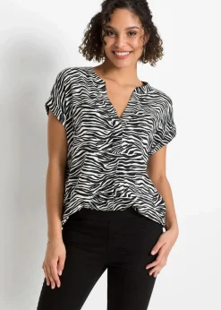 bonprix Blusen & Tuniken|Nachhaltigere Materialien^Tunikabluse aus reiner Viskose schwarz/wollweiß zebra bedruckt