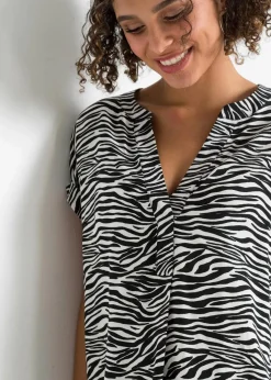 bonprix Blusen & Tuniken|Nachhaltigere Materialien^Tunikabluse aus reiner Viskose schwarz/wollweiß zebra bedruckt