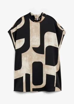 bonprix Bekleidung·Jacken & Mäntel|Blusen & Tuniken^Tunikabluse aus Satin schwarz/kieselbeige/khakibeige bedruckt