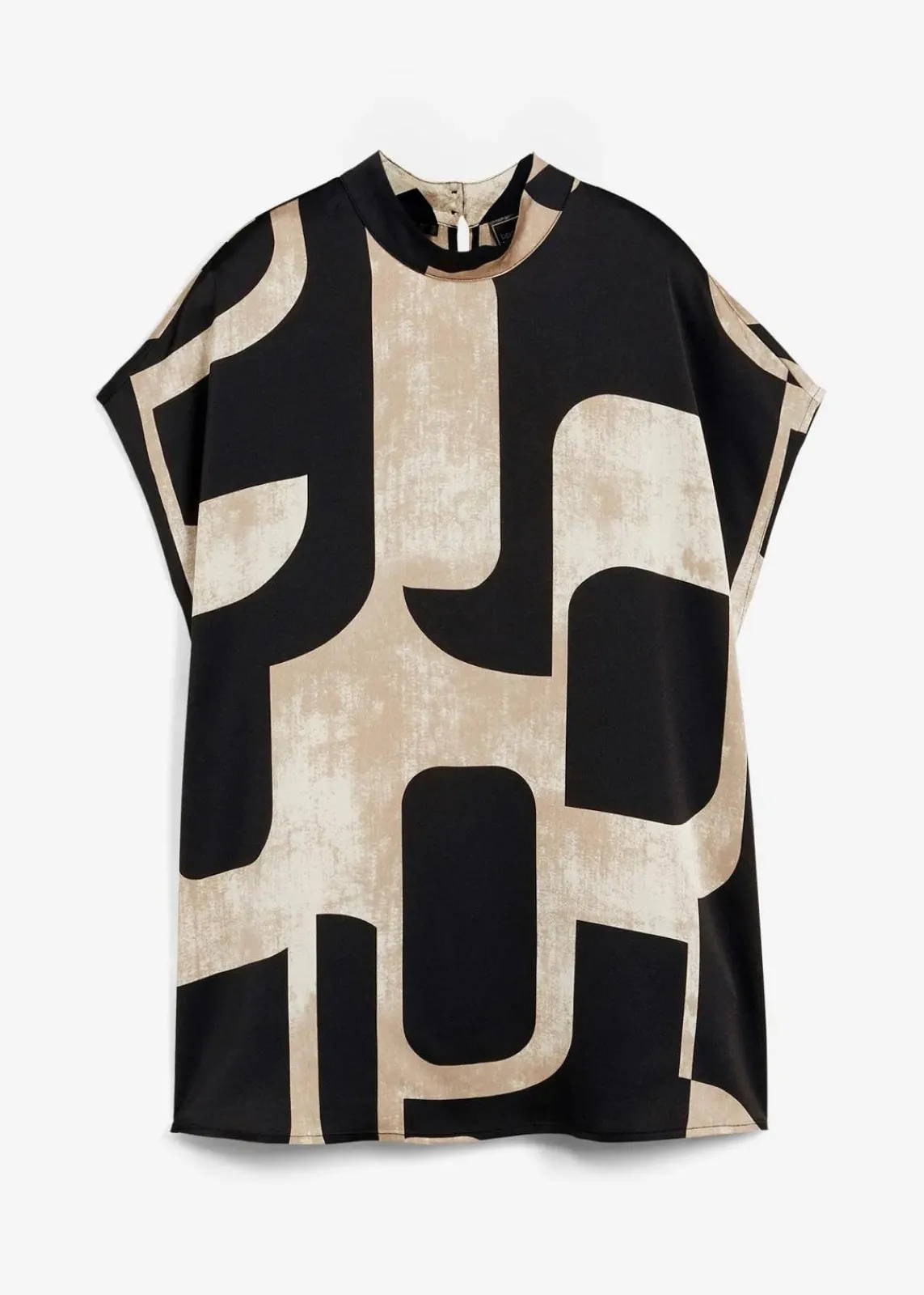 bonprix Bekleidung·Jacken & Mäntel|Blusen & Tuniken^Tunikabluse aus Satin schwarz/kieselbeige/khakibeige bedruckt