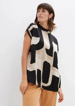 bonprix Bekleidung·Jacken & Mäntel|Blusen & Tuniken^Tunikabluse aus Satin schwarz/kieselbeige/khakibeige bedruckt