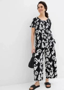 bonprix Blusen & Tuniken|Zweiteiler & Sets^Tunikabluse aus softer Viskose schwarz/wollweiß bedruckt