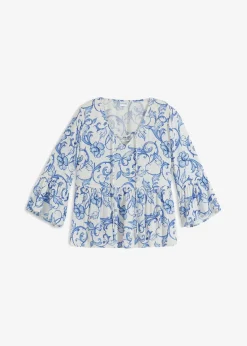 bonprix Bekleidung·Jacken & Mäntel|Blusen & Tuniken^Tunikabluse aus strukturierter Viskose weiß/blau floral